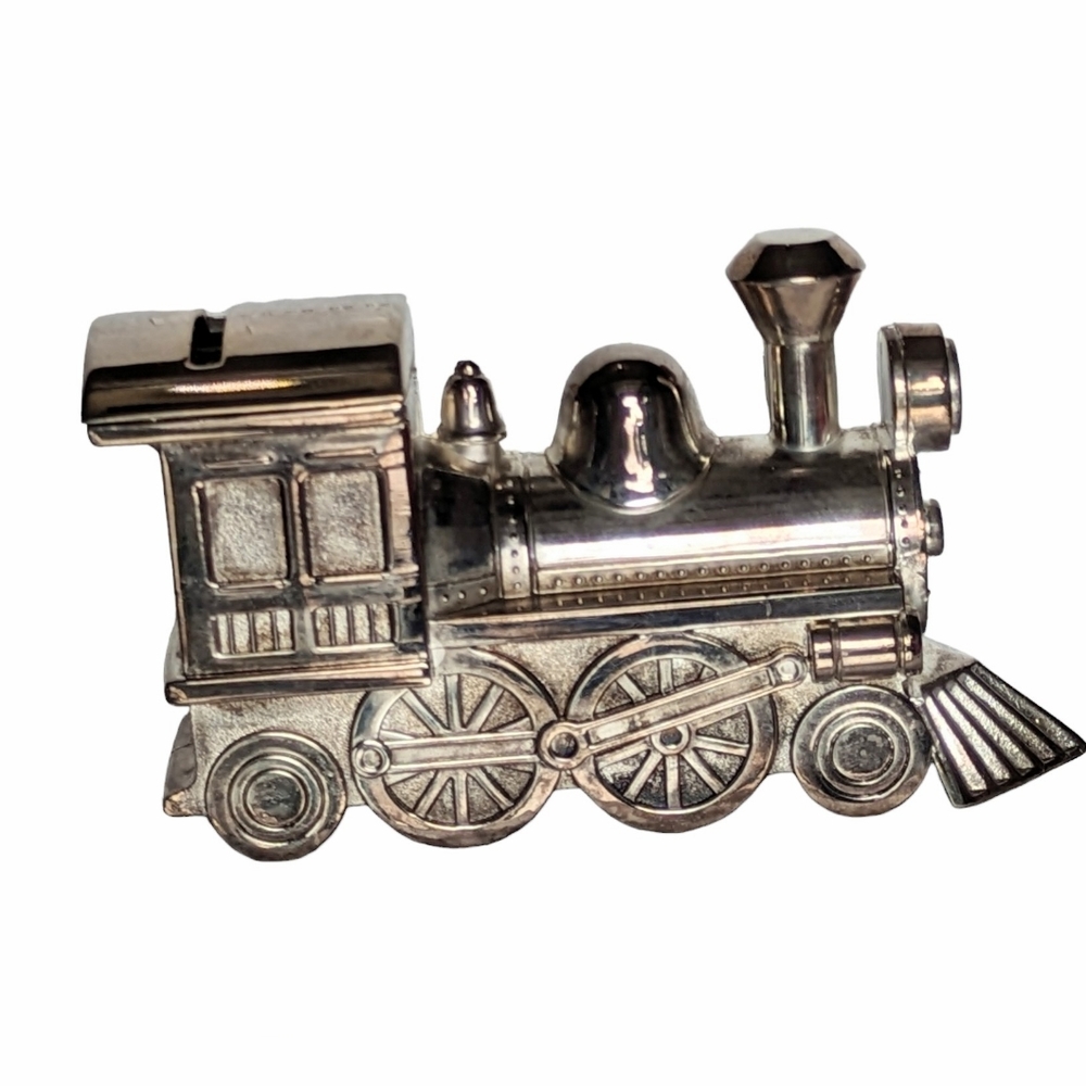 Silver Tone Polished Railroad Train Locomotive Coin Bank Vintage Collectors Item